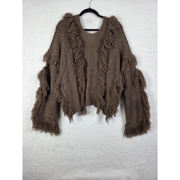 Womens Sweater S/M Brown Cropped Fringe Cable Knit Boho Pullover Oversized Rodeo - Picture 8 of 11